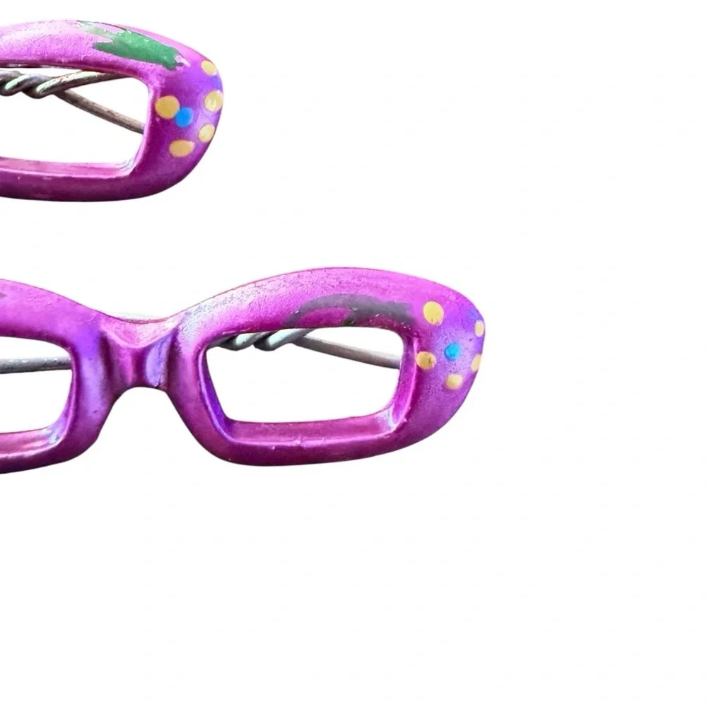 Vintage Cateye Glasses Barrettes Hair Clips, Hand‎ Painted Pink, Deadstock, 2”